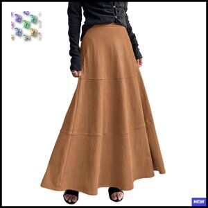 Faux Suede Leather Skirt High Waisted A-Line Maxi Long Ruffle Elegant